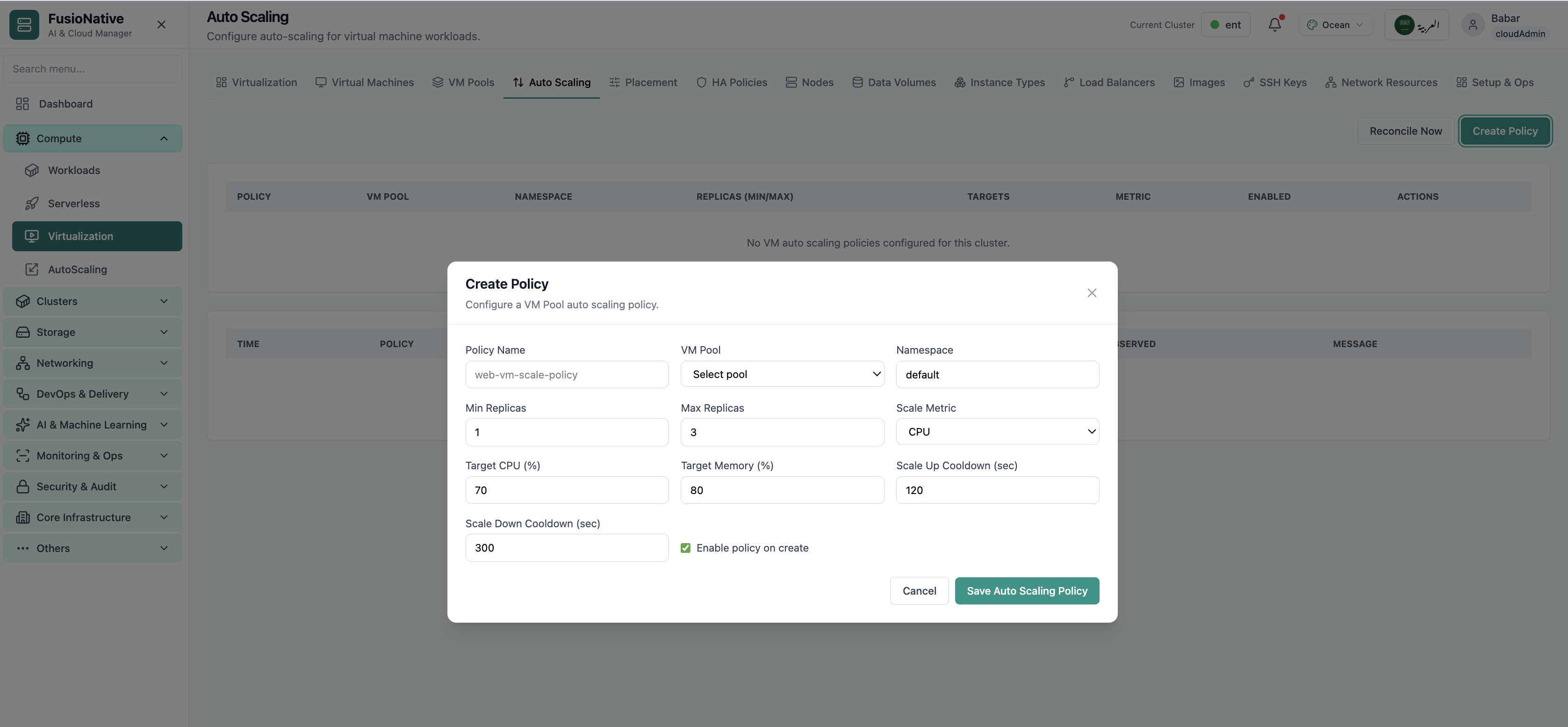 Virtualization auto scaling settings.